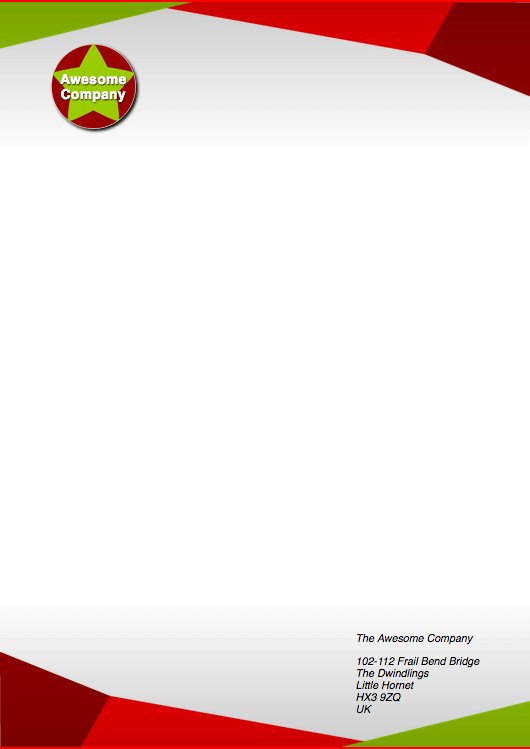 Full A4 page with decorative top and bottom border composed of orange, and red shapes, and a red and green badge with Awesome company written on it, below the top border. Above the bottom border is a postal address.